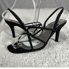 Stuart Weitzman NWB Quadro Black Peau Suede Strappy Heels Sz 6.5W Square Toe
