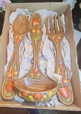 VTG Arnels Mushroom Ladle, Fork, Spoon Wall Hanging 1973 Decor Ceramic 17'' Mint