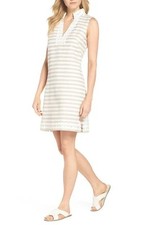 Eliza J Stripe Linen Cotton Mini Dress Sundress Sz 2 Beige White Coastal Eyelet