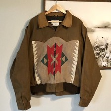 Vintage Pioneer Wear Aztec Bomber Jacket Western Mens XL Brown Leather Trim