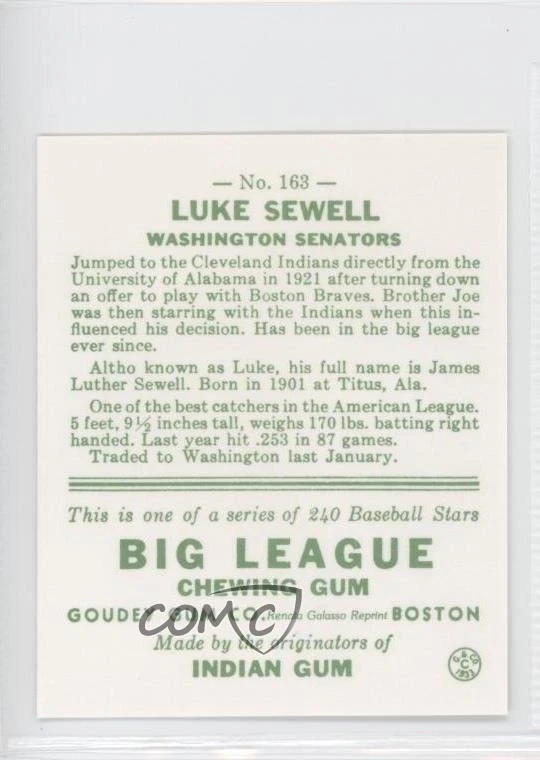1983 Renata Galasso 1933 Goudey Reprints Luke Sewell #163 - Image 2 of 2
