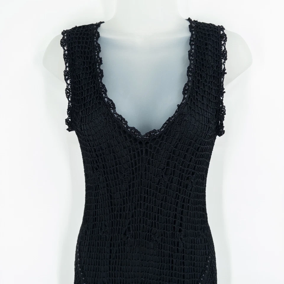 VTG Whimsigoth Black Crochet Beaded Maxi Dress M Goth Formal Tight Dark Romantic - Image 2 of 4