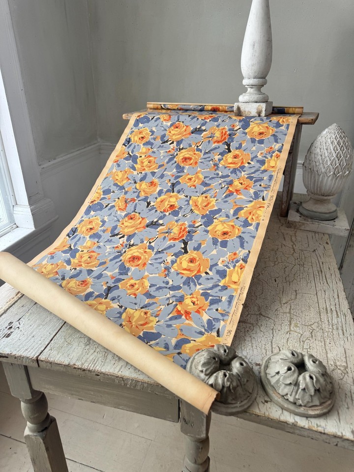 1.25yds Antique Belgian Wallpaper Floral Roses Blue Yellow Early Design ...