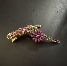 Gold Tone Floral Flower2 Rhinestone Hair Clips, Barrette Purple Pink Red Metal