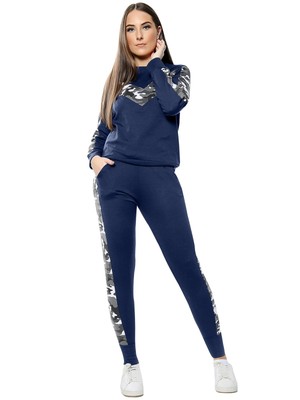 Women ladies Tracksuit Top Bottoms Lounge wear Camou Stripe Print 2 Pcs Gym Set