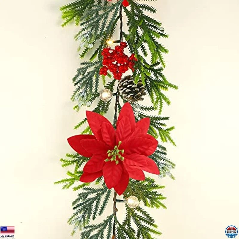 2 Pack 9' Pre-lit Flocked Christmas Garland with Poinsettia, Timer & Battery - Image 2 of 4