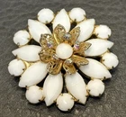 Vintage Milk Glass And AB Rhinestones Flower Brooch Unsigned Beauty READ
