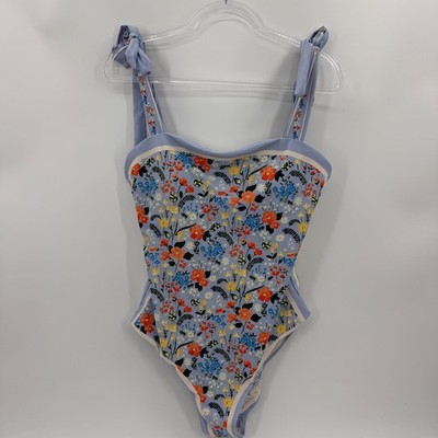 One Piece Reversible Women Swimsuit Size 2X Square Neck Tie Shoulder Cottagecore