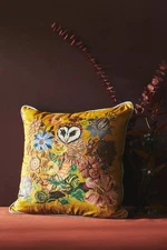 Anthropologie Nathalie Lete Embroidered Velvet Pillow Owl Golden 18” X 18” NWT