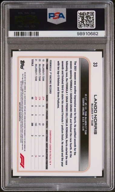 2022 TOPPS CHROME FORMULA 1 #33 LANDO NORRIS ON CARD AUTO GEM MT 10 - Image 2 of 2