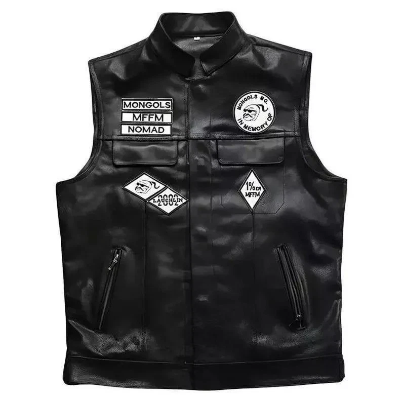 MONGOLS Men's Motorcycle Leather Vest – Black Cowhide Biker Waistcoat Embroidery - Image 4 of 4