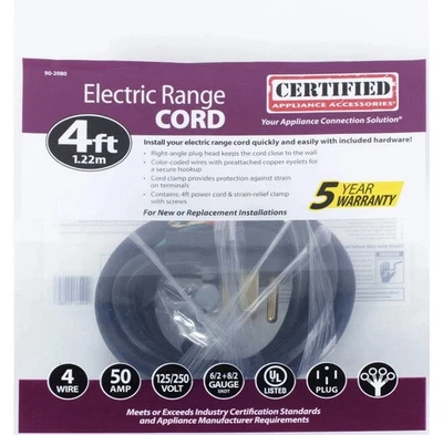 CERTIFIED APPLIANCE ACCESSORIES Certified 50-Amp Appliance 4 Prong Range Power Cord 4 Wires 4 Feet, Copper Wire
