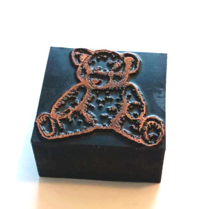 Antique Vtg Copper Wood Base Printing Press Ink Stamp Block Teddy Bear Used