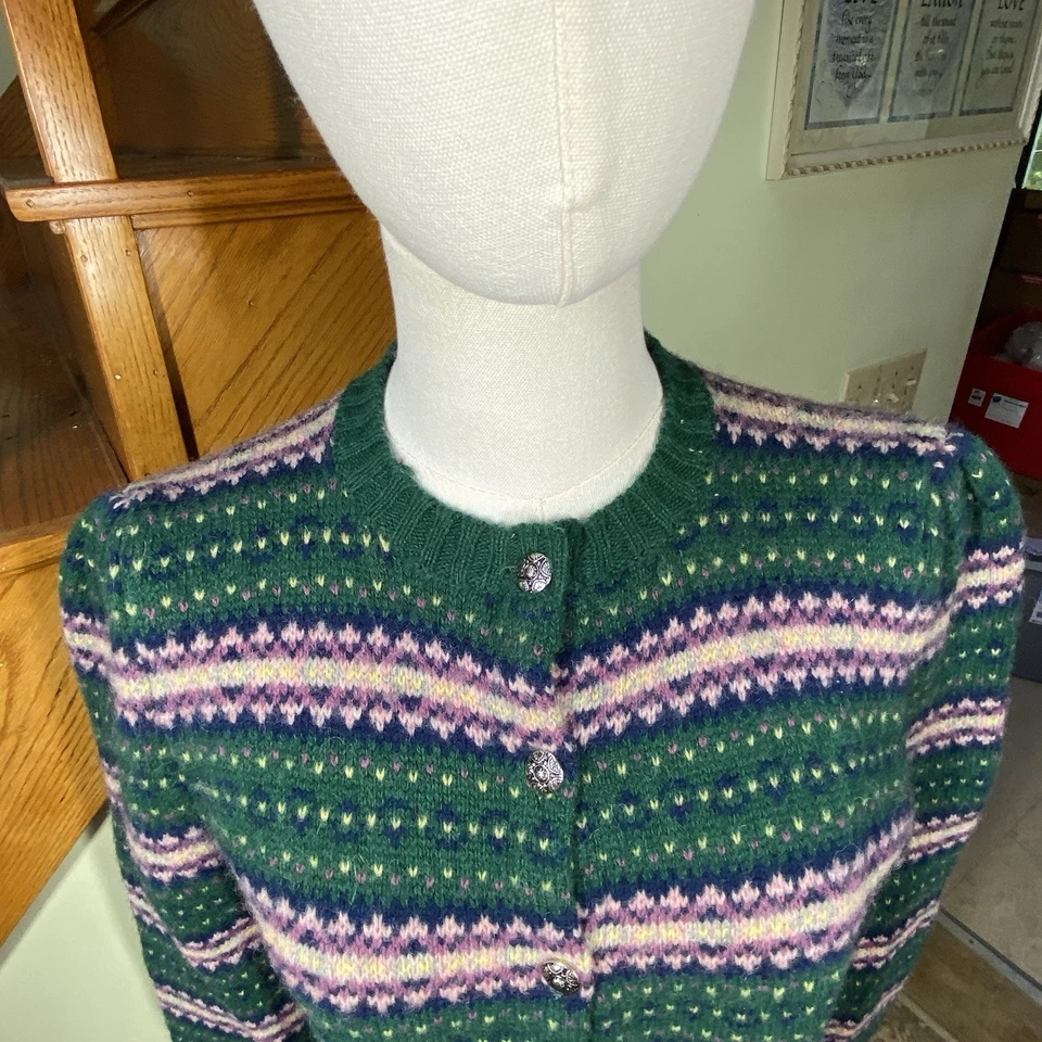 The Eagles Eye Vintage Green Sz 40 Shetland Wool Birds Eye Cardigan Sweater - Image 2 of 4