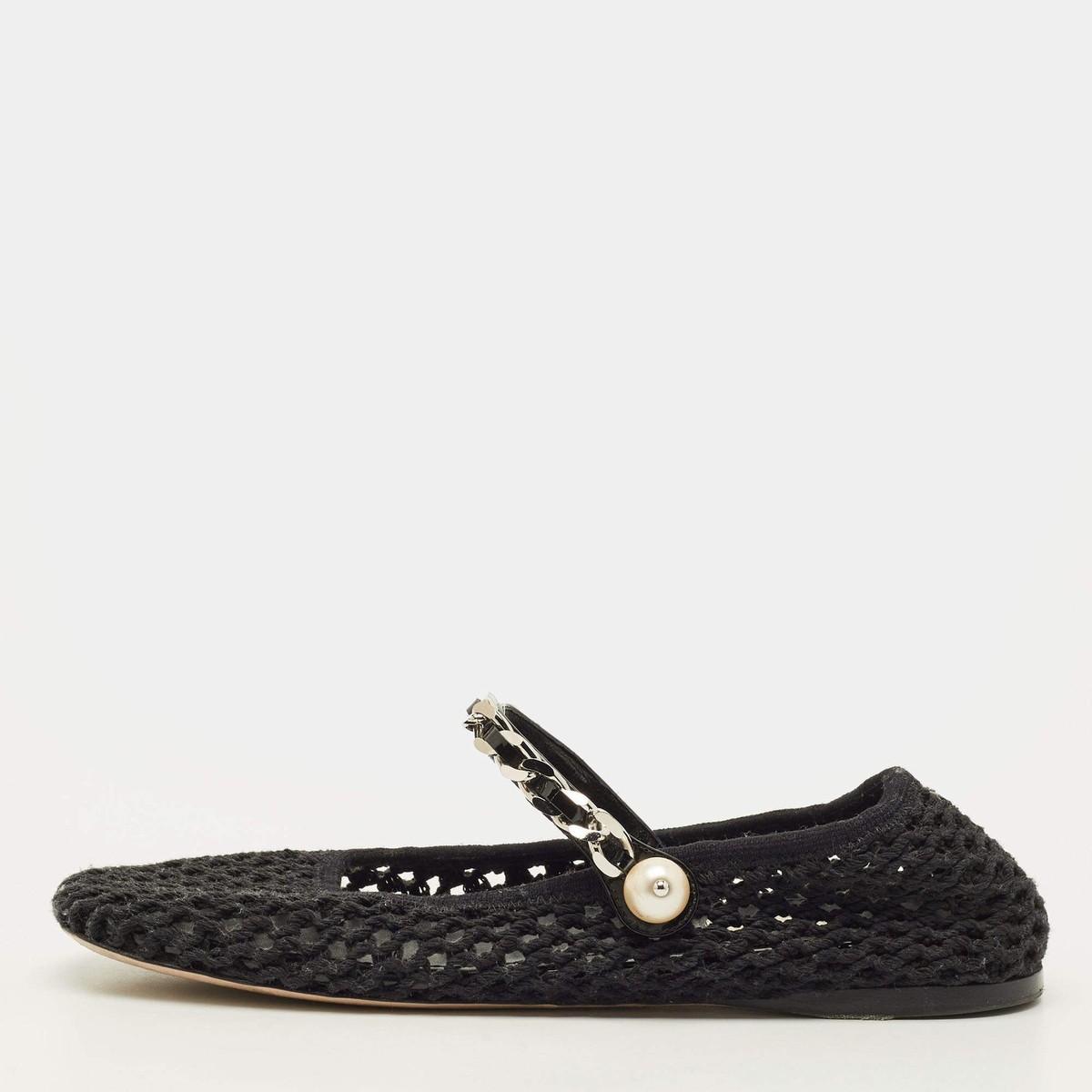 Miu Miu Size 38 Black Mesh Mary Jane Pearl Chain Embellished