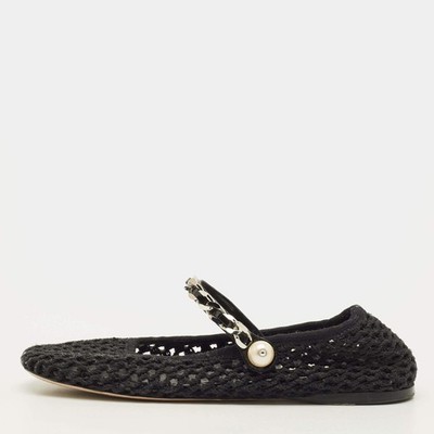 Miu Miu Size 38 Black Mesh Mary Jane Pearl Chain Embellished