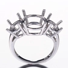 Sterling Silver 925 Three Stone 10x12mm Oval Cut Semi Mount Wedding Fine Ring