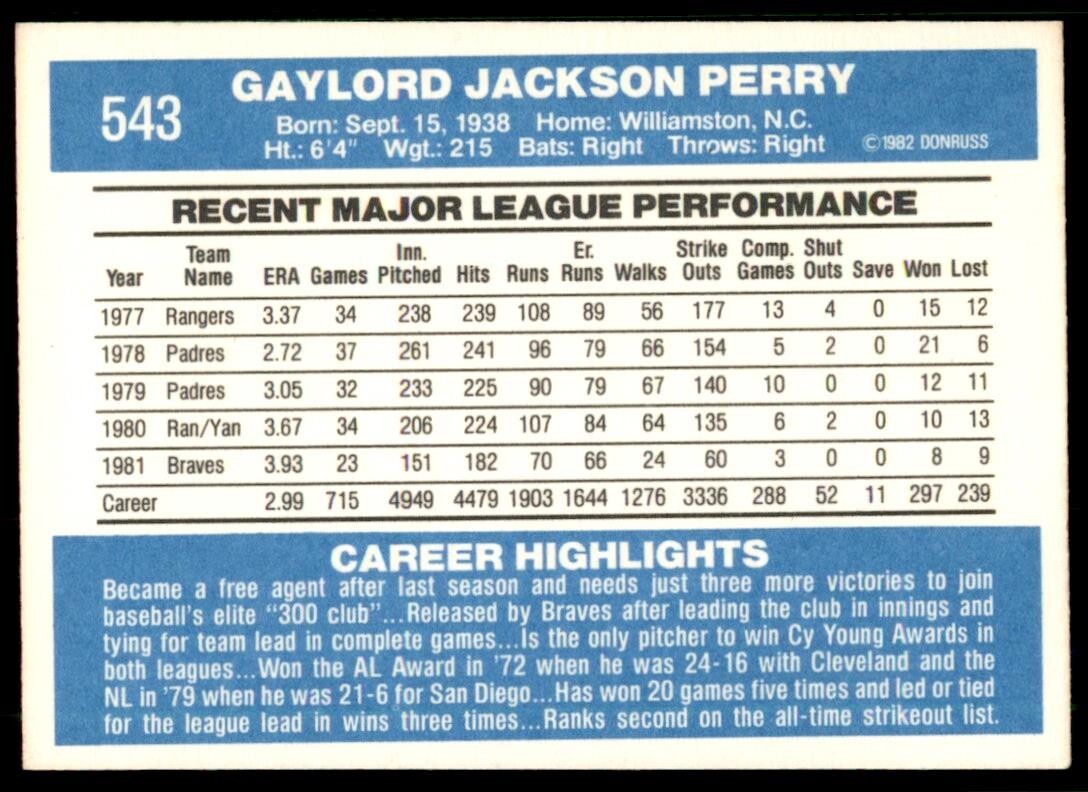 1982 Donruss #543 Gaylord Perry | eBay