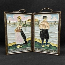 1940 Antique Pair Plaque Majolicatile Framed Folk Art Frame Royal Delft Ceramic