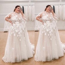 Plus Size Wedding Dresses High Neck Long Sleeves Appliques A Line Bridal Gowns