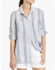 ATHLETA Womens WHITE AND BLUE STRIPED LINEN BUTTON DOWN SHIRT SMALL