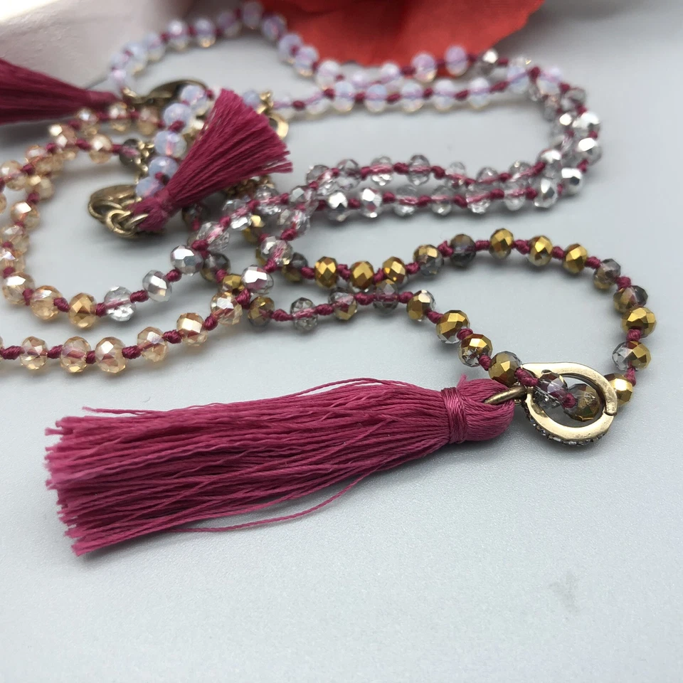 Nice Signed Chloe & Isabel Gold & Silver Tone Beaded Necklace Purple Tassel 30" - Image 3 of 4
