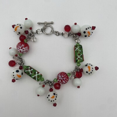 Christmas Glass Bead Bracelet Snowman Snowflakes Hard Candy Holiday Jewelry 9 