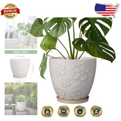 Stylish White Flower Pot with Drainage Hole and Saucer   8 Inch Planter