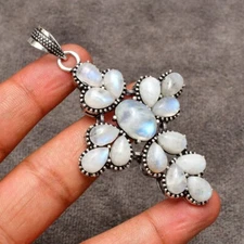 Moonstone Gemstone Cross Pendant 925 Sterling Silver Handmade Pendant Necklace