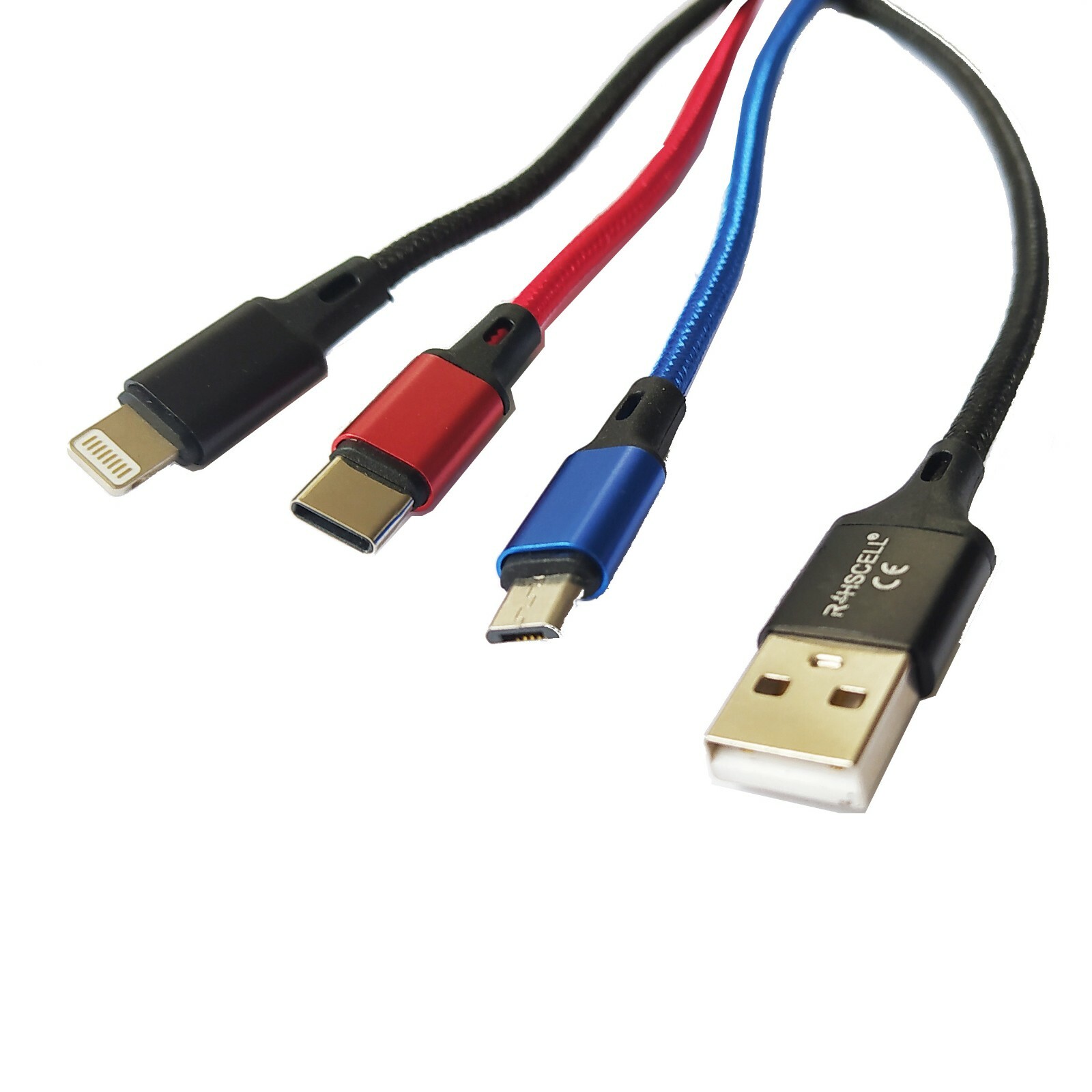 CAVO 3in1 LIGHTNING MICROUSB USB TYPE-C ricarica veloce dati nylon