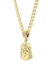 Mens 14k Gold Plated Jesus Face Pendant Cubic Zirconia Hip-Hop 24" Cuban Chain