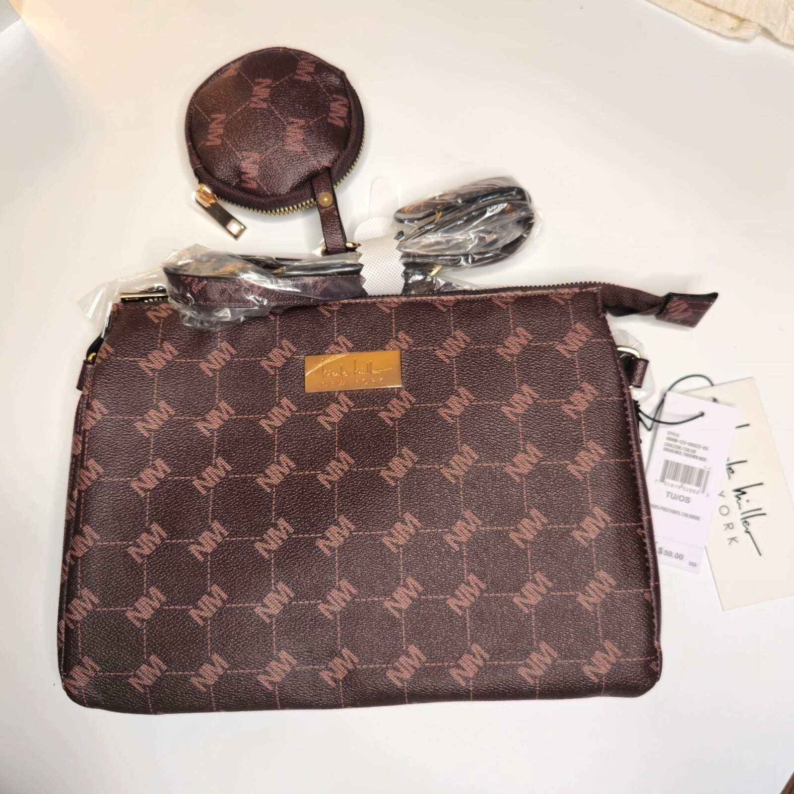 Nicole Miller New York Brown Vegan Leather Logo Crossbody Bag Includes Coin Purse