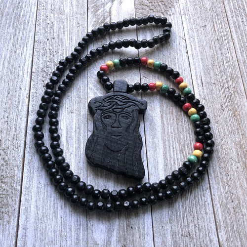 Jesus Christ Yeshua Messiah Wood Necklace Pendant w/Rasta Colors Irie Jesus 38" - 第 3/10 張圖片