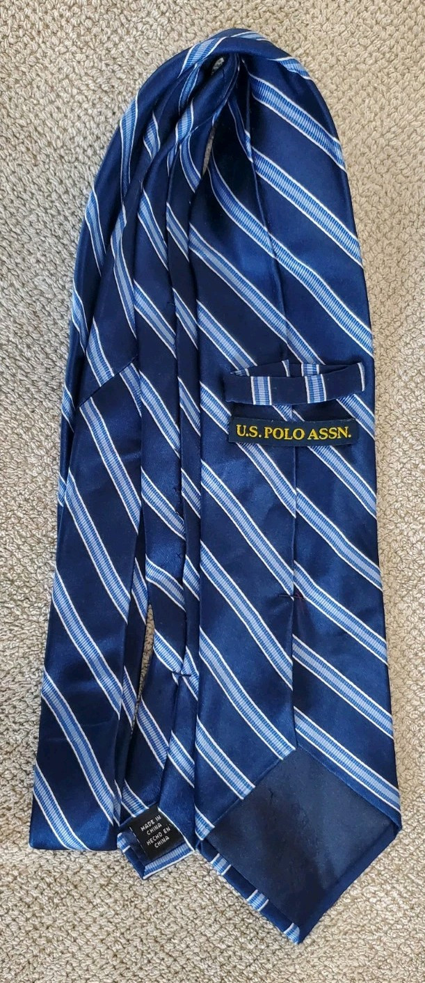 U.S. Polo Assn. Men’s Necktie  Navy Blue w/  Light Blue Stripes 100% Silk