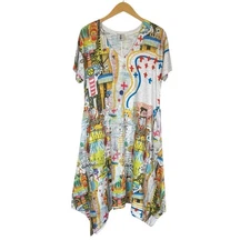 Inoah Knee Length Dress Abstract Art Print Knit Made In USA Shark Bite Hem LG