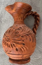 Kanne Krug aus Ton Geschenk Tonkrug braun geflochtenen Henkel Vintage Dekoration