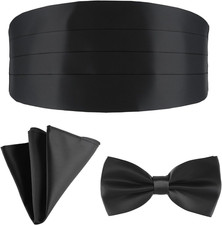 Satin Cummerbund Pre Tied Bow Tie Breast Pocket Handkerchief Set Black Pre-Tie