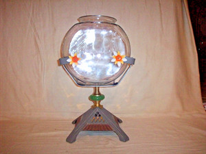 ANTIQUE VINTAGE FISH BOWL AND HOLDER  ART DECO CAST IRON HOUZE GLASS