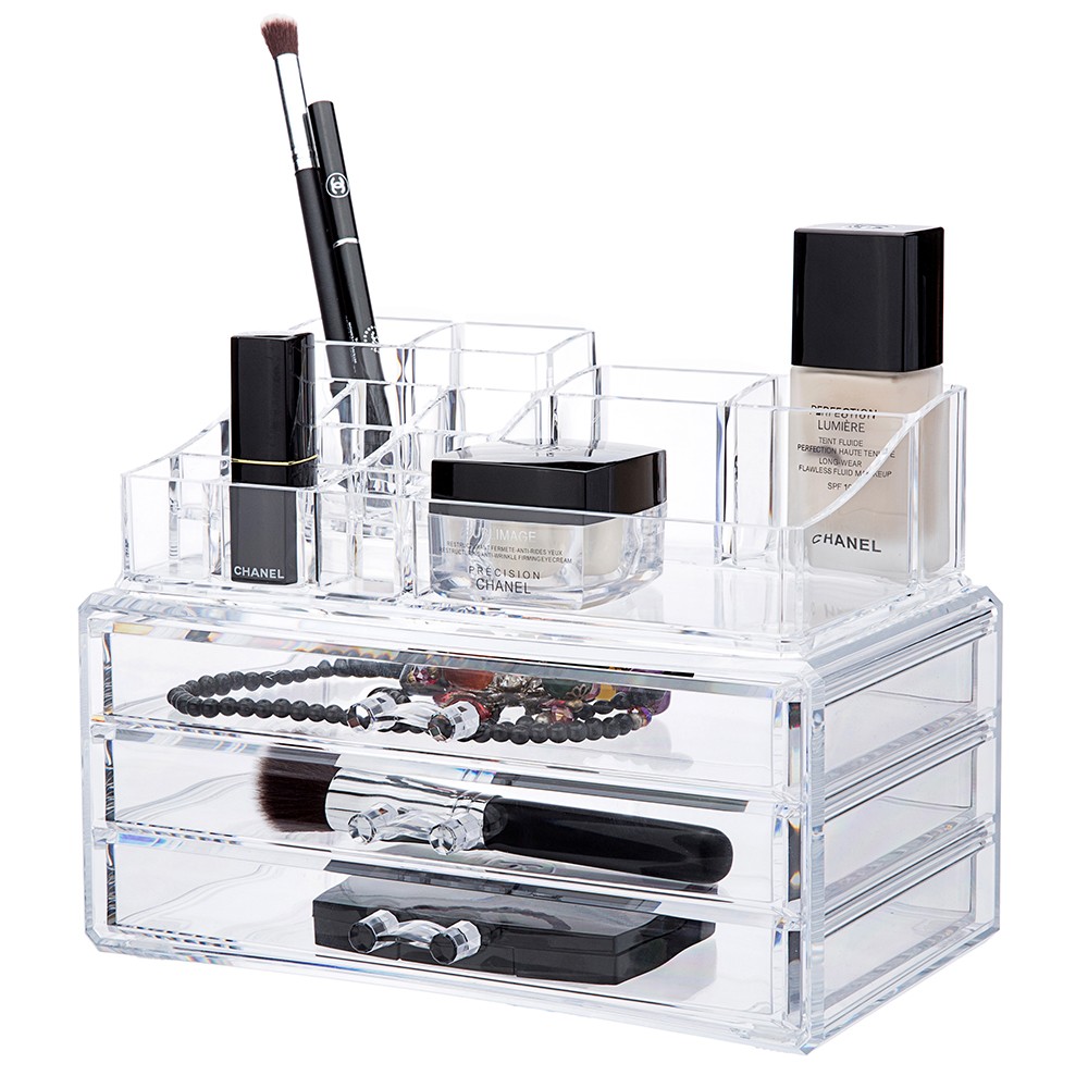 NEW! DELUXE MAKEUP/JEWELRY ORGANIZER - ACRYLIC 3 DRAWER TIERED COSMETIC DISPLAY