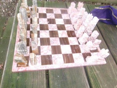 VTG Handmade Pink Onyx Black Marble Chess Set Board 14  Pieces 2-3  Aztec READ