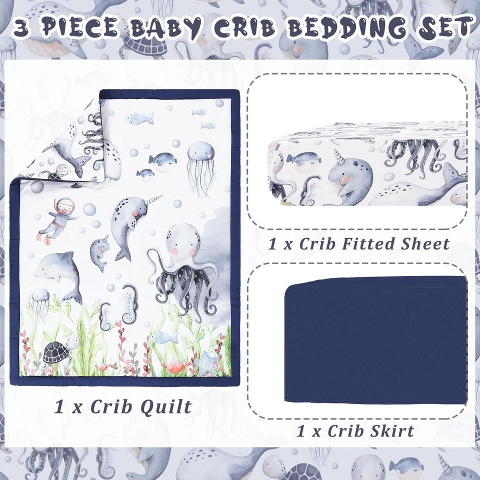 Juego de 3 piezas de ropa de cama para cuna de bebé bajo el mar océano guardería juego de cuna náutica Inc... Foto 2 de 4