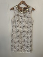 Adrianna Papell White Lace Sleeveless Dress With Gem Embellished Neckline Sz: 12