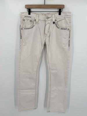 NEW Rock Revival Jeans Men's 34x33 Matthew Straight Off White Distressed Denim
