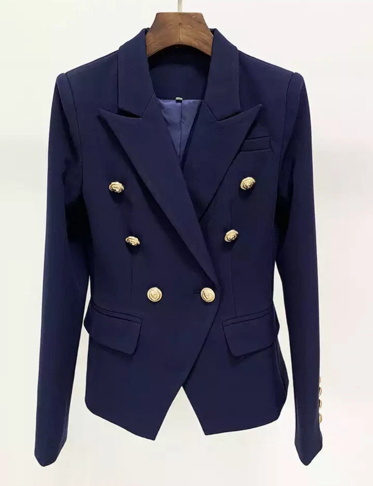 Women Ladies Double Breasted Blue Blazer Gold Buttons Slim Suit Jacket  Formal