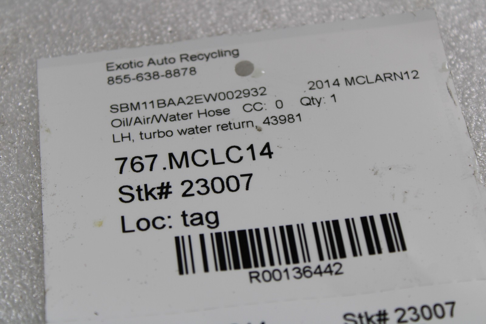 Mclaren MP4-12C, LH, Left, Turbo Water Return Pipe, Used, P/N 43981