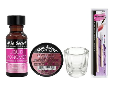 Mia Secret Monomer 0.5oz-Cover Rose Acrylic Powder 14g-Dappen Dish-8OR Brush