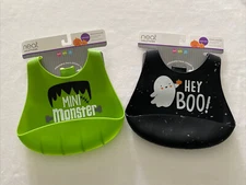 Lot of 2 Halloween Silicone Bibs Mini & Monster Hey Boo ￼new