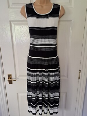 Kate Spade Pulloverkleid Gr. UK 12 Midi gestreift ärmellos Stretch schwarz weiß