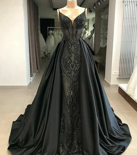 Gorgeous Mermaid Gothic Black Wedding Dress Detachable V Neck Satin Bridal Gown - Picture 1 of 6