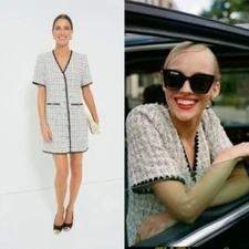 Pomander Place NEW White Tweed Retro Josephine Mini Dress in White Black Size M